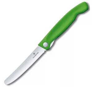 Кухонный нож Victorinox SwissClassic Foldable Paring 11см закругл.нос, волн. с зел. ручкой (блистер)